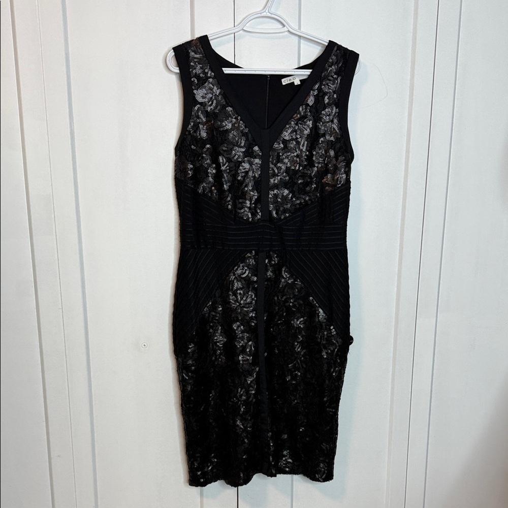 Cleo Black Sequin Floral Patterned Lace Knee Length Dress - Flattering waist det